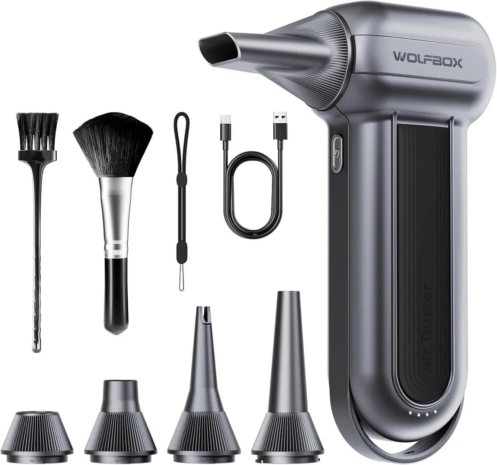 WOLFBOX Akku-Handstaubsauger Electric Air Duster mit drei einstellbaren Geschwindigkeitsstufen, 3-Gang-Staubgebläse, 150000 U/min, mit 5 Düsen und 2 Bürsten