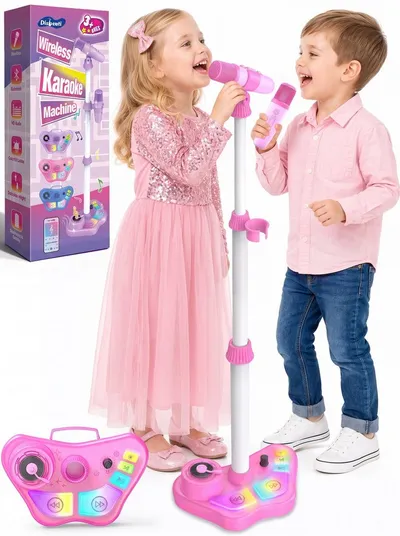 Wootoy Kinder Karaoke-Set 2 kabellosen Mikrofonen höhenverstellbarem Ständer Karaoke-Maschine (mit 5 Stimmeffekte Fußpedal LED-Lichteffekte integrierter Tragegriff)