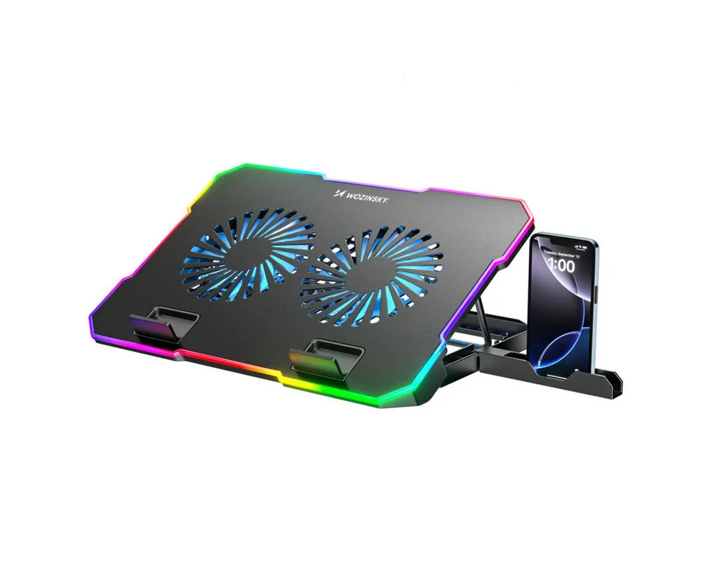 Wozinsky Notebook-Kühler WDCX-A26, RGB-Licht, 2 Lüfter, USB-Hub, Handyhalter, 5 Neigungsstufen