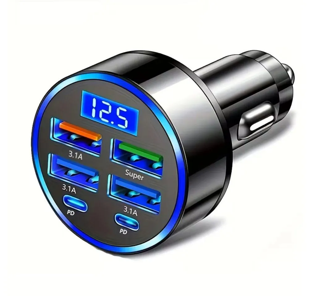 Wrischan 350W USB Auto Ladegerät 6 Ports PD QC3.0 USB C Schnellladegerät USB-Ladegerät (Einzelgerät, Schnellladen, 6 Ports, Display Anzeige, GaN Technologie, Mehrfachladen)