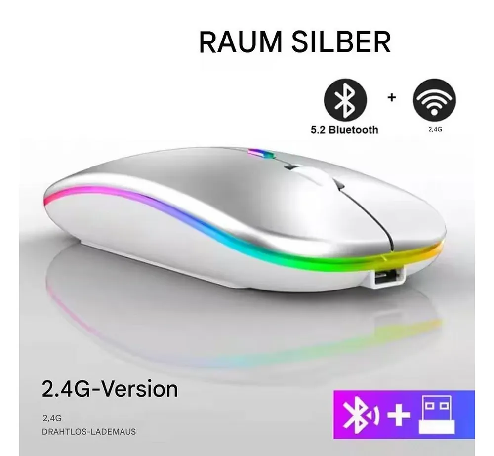 Wrischan Kabellose Wiederaufladbare Bluetooth-Maus – Silber, Leise & Präzise Mäuse (Einstellbare DPI-Empfindlichkeit, Ergonomisches 3-Tasten-Design)