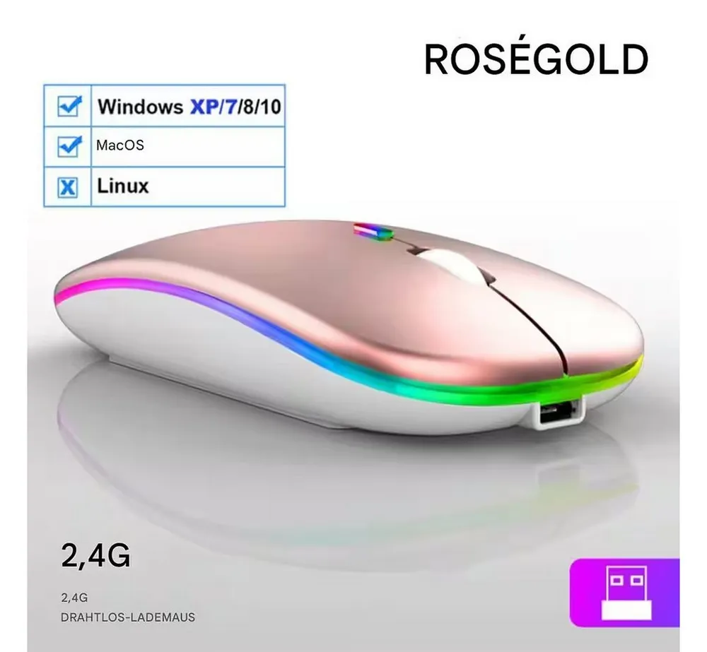 Wrischan Kabellose Wiederaufladbare Bluetooth-Maus – Roségold, Leise & Präzise Mäuse (Maus mit 3 Tasten, einstellbarer DPI und einer DPI von 1600)