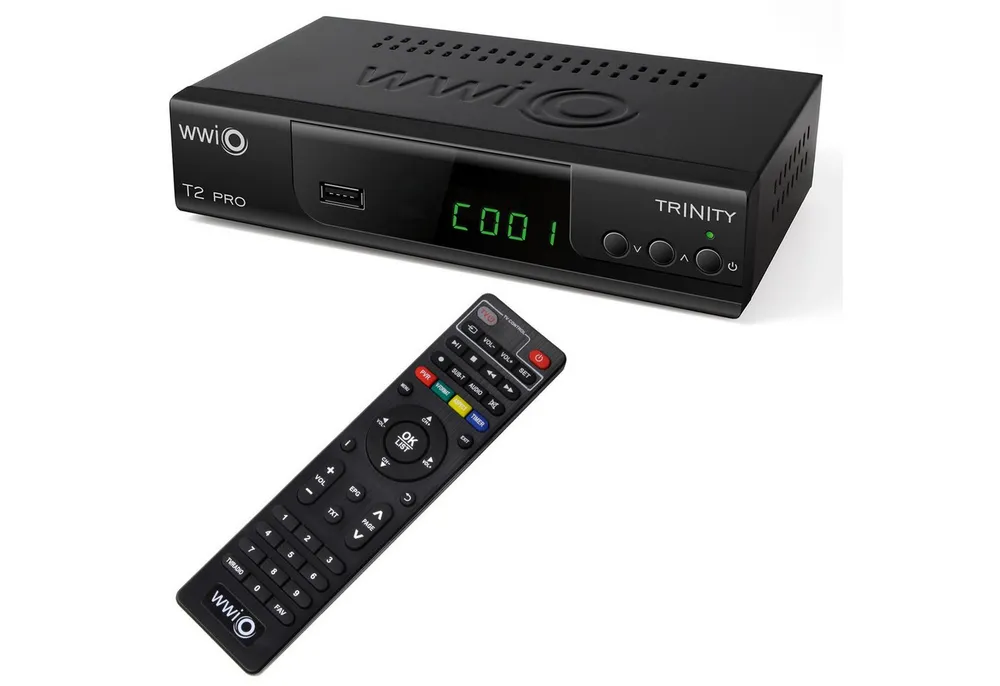 WWIO Trinity T2 PRO mit 2 in 1 Fernbedienung, PVR, DVB-T2 HD Receiver (Unterstützt DVB‑T2 HEVC H.265 mit PVR‑ und Timeshift‑Funktion)