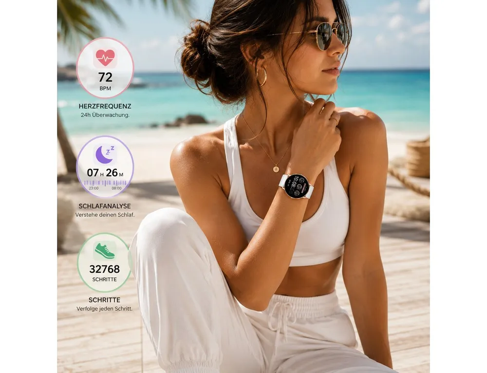 XCOAST Flache Frauen Smartwatch für schmale Handgelenke, Damen Smartwatch (4,2 cm) Fitnesstracker Damen, Valentinstag Geschenk, 2-tlg., neueste Generation, wasserdicht, ultra flach, Puls, Blutdruck, brillante Farben, AMOLED, 7 Tage Akku