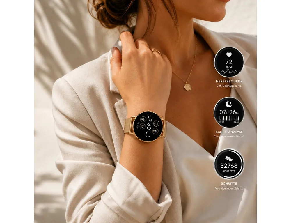 XCOAST SIONA 2 Damen Smartwatch (4,2 cm/1,3 Zoll, iOS Android) classic gold, Fitness Tracker, AMOLED, Blutsauerstoffmesser, 3-tlg., neueste Generation, Wasserdicht, ultra flach, Puls, Blutdruck, brillante Farben