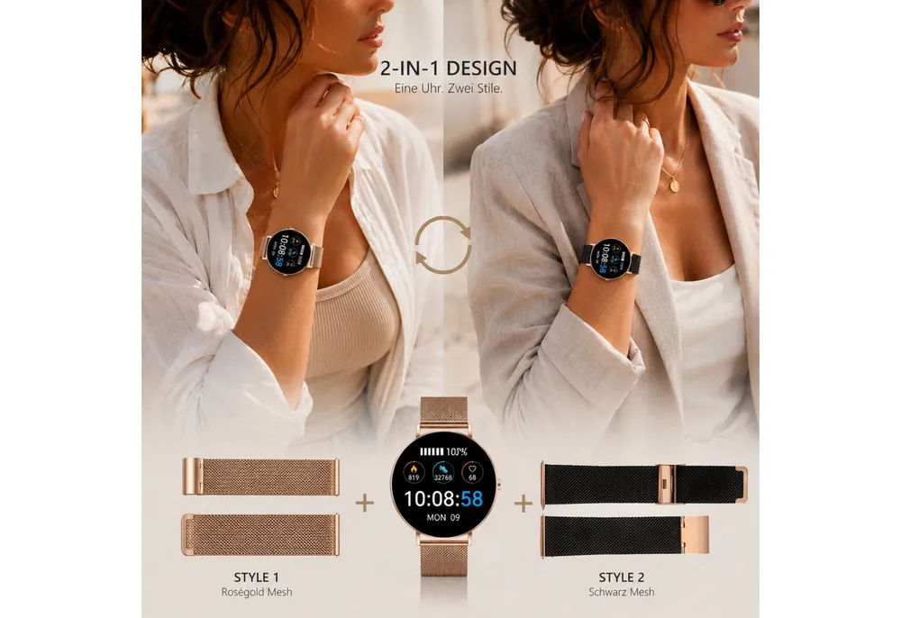 XCOAST SIONA 2 Damen Smartwatch (4,2 cm/1,3 Zoll, iOS und Android) Kostenloses Zusatzarmband enthalten / Gehäuse Rosegold (hell), 4-tlg., - 2in1 PROMOPACK (enthält 2 Mesh Armbänder: Schwarz und Rosegold) -, Wasserdicht/Flach/Puls/Blutdruck/Blutsauerstoff/Sport/Elegant