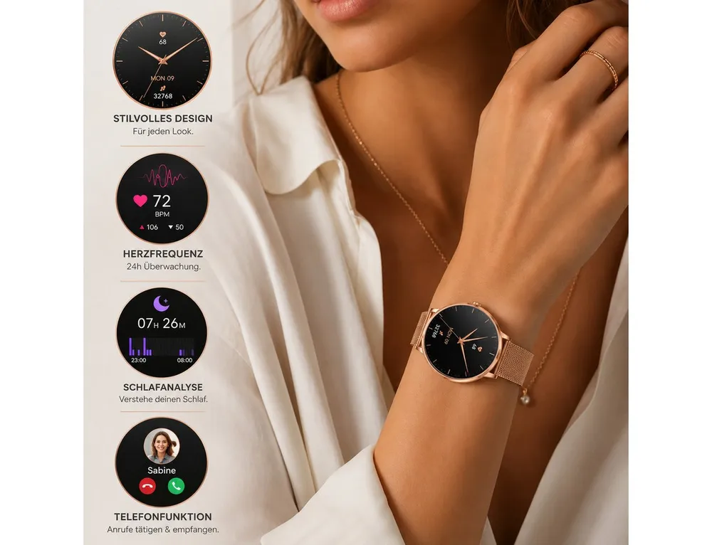 XCOAST SIONA 2 NANO - kleine Damen Smartwatch (37 cm, iOS Android) 6,9mm flach, Anrufe, Schrittzähler, Puls, Blutdruck, Schlafüberwachung, 1-tlg., 6,9mm hoch, 37mm Display, über 100 Sportarten, bis zu 6 Tage Akku, 6,9mm flach, Edelstahl, wasserdicht, 37mm AMOLED always-on Display