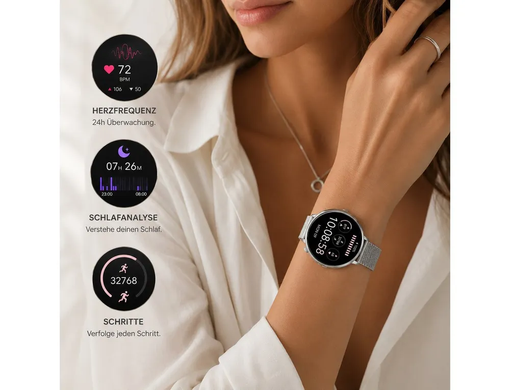 XCOAST SIONA 2 NANO - ultra kleine Damen Smartwatch (3,7 cm/1,19 Zoll, iOS und Android) Filigran, Frauen Armbanduhr, Fitnesstracker, 1-tlg., Fitness Tracker, Damenuhr, 7 Tage Akku, Wasserdicht, Puls, Blutdruck, Blutsauerstoff