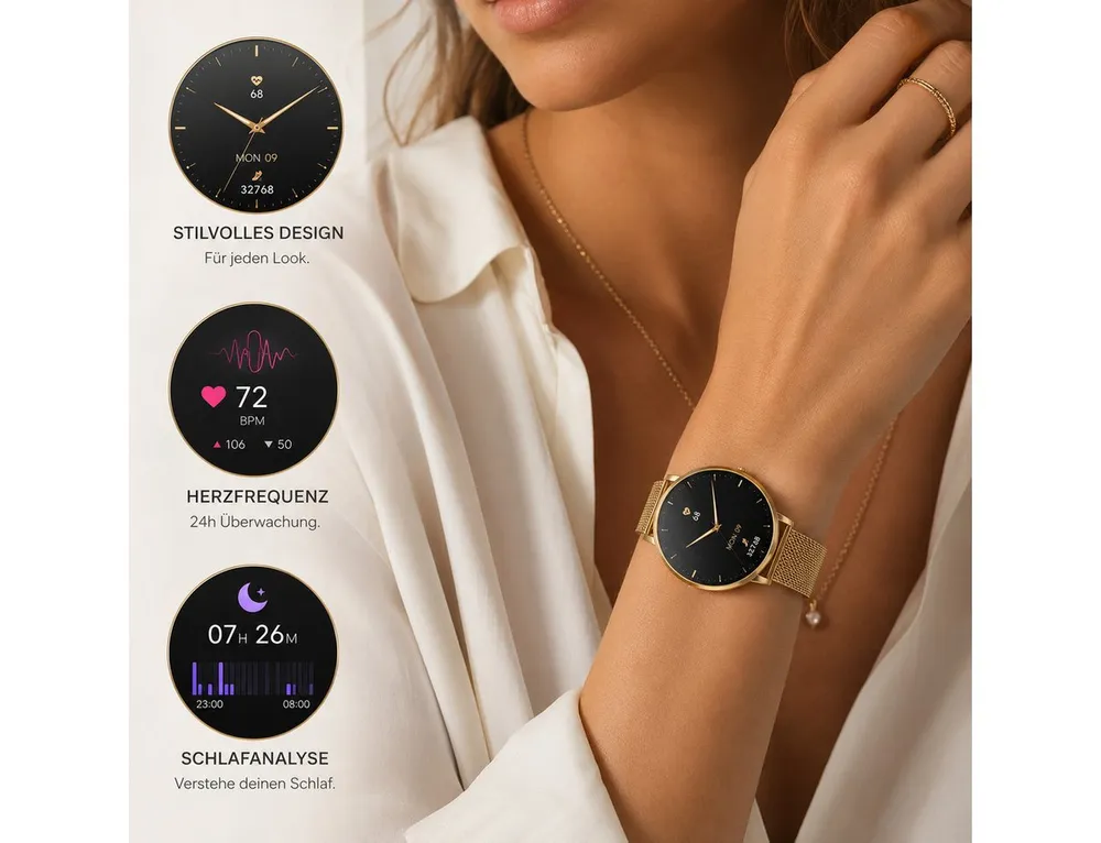 XCOAST SIONA 2 NANO - ultra kleine Damen Smartwatch (3,7 cm/1,19 Zoll, iOS und Android) Filigran, Frauen Armbanduhr, Fitnesstracker, 1-tlg., Fitness Tracker, Damenuhr, 7 Tage Akku, Wasserdicht, Puls, Blutdruck, Blutsauerstoff