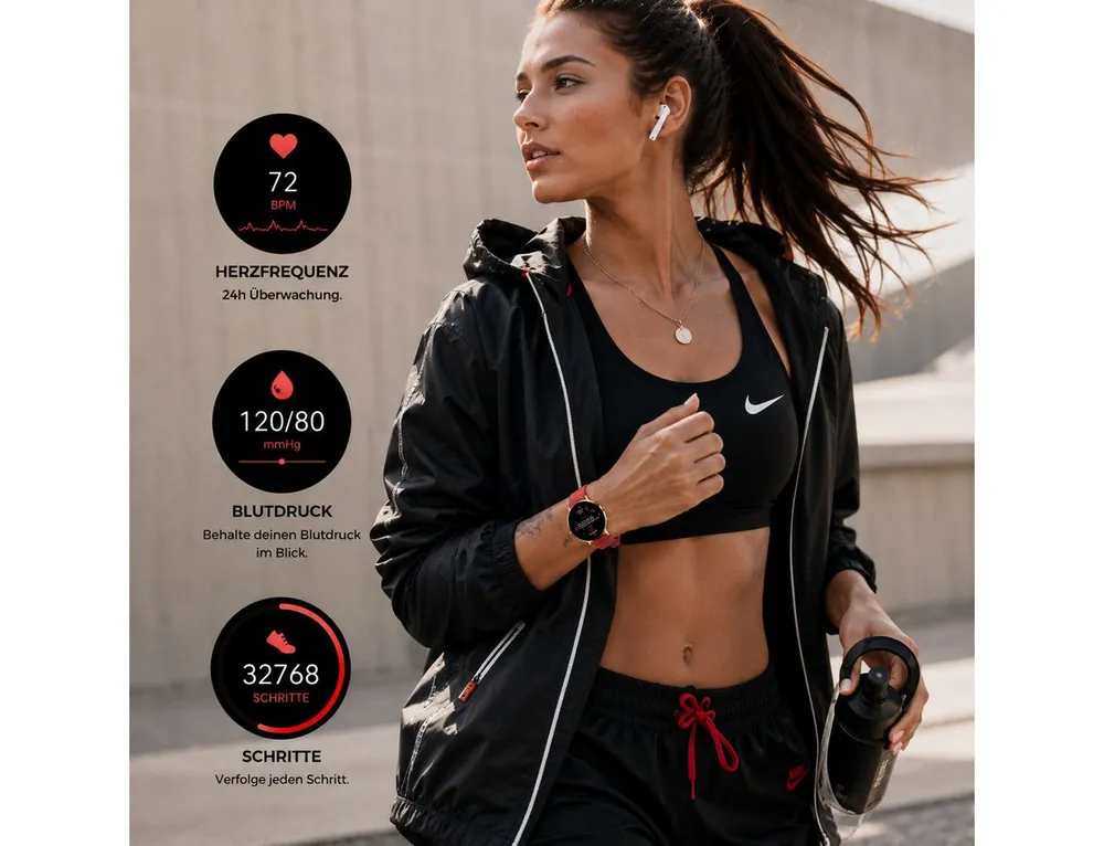 XCOAST SIONA 2 - ultraflache Damen Smartwatch (4,2 cm/1,3 Zoll, iOSAndroid) Kaminrot, Fitness Tracker, AMOLED, 1-tlg., 7 Tage Akku, Blutdruck, Wasserdicht, Puls, Blutdruck, AMOLED Display