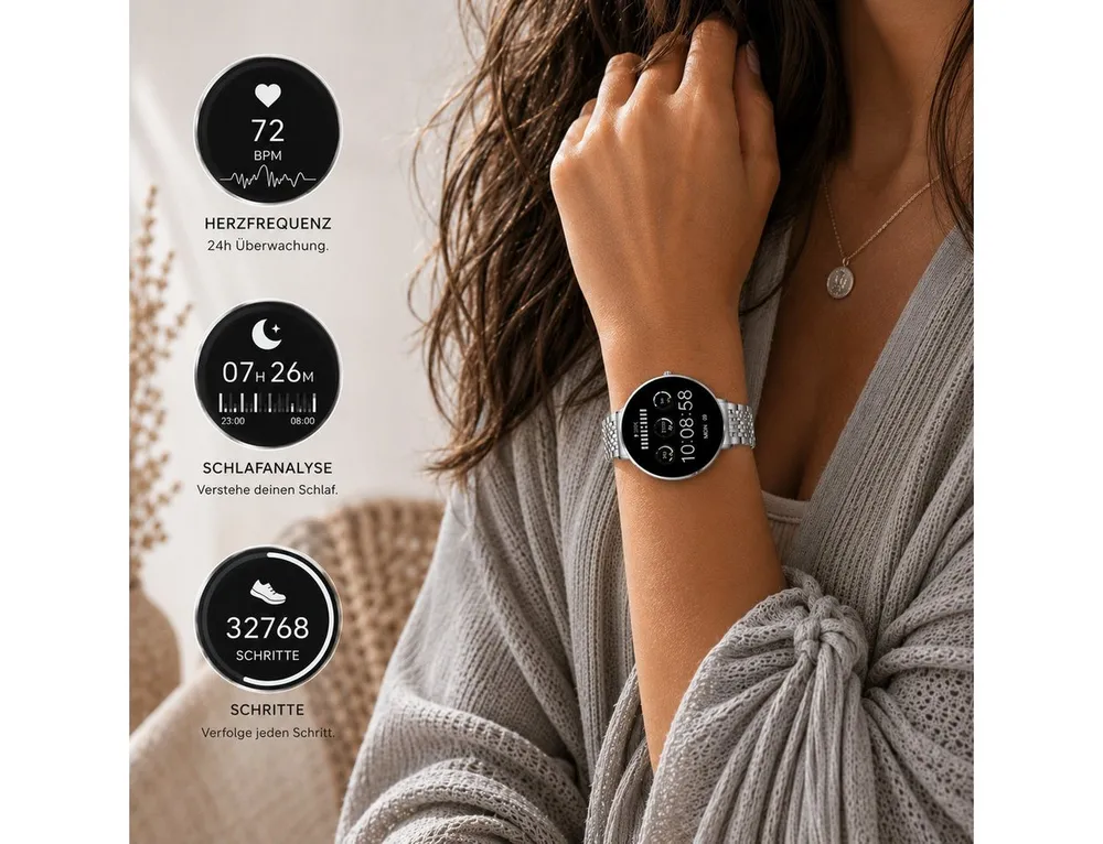 XCOAST SIONA2 ultraflache Damen Smartwatch (4,2 cm/1,3 Zoll), 1-tlg., Edelstahl, Nachrichtenempfang, Anrufanzeige, 7 Tage Akku, Blutdruck, Wasserdicht, Puls, Kalorien, AMOLED Display