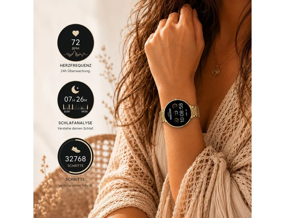 XCOAST SIONA2 ultraflache Damen Smartwatch (4,2 cm) AMOLED, Frauen Smartwach, Armbanduhr, 1-tlg., Edelstahl, dezente Damen Smart Watch, 7 Tage Akku, Blutdruck, Puls, Sport