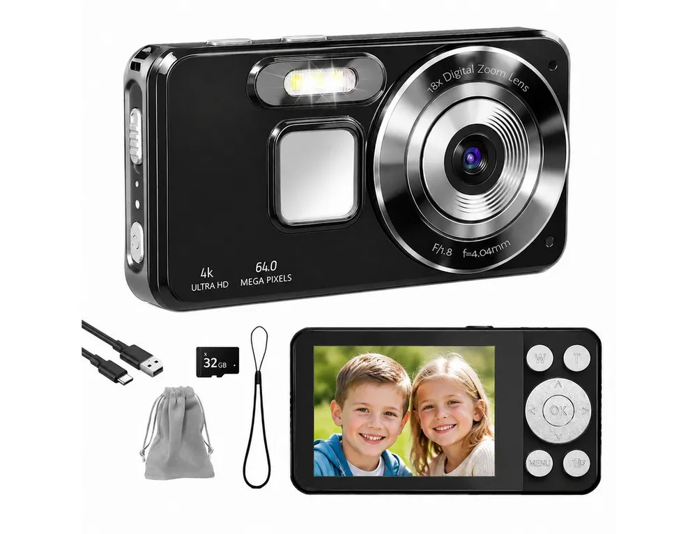 XEOOCE Digitalkamera 4K 64MP 2,8 Zoll LCD 18x Zoom Vlog Kamera Kompaktkamera (64 MP, 32-GB-SD-Karte, Transporttasche, USB-C-Kabel)