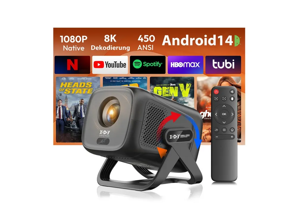 XGODY [1080P Native & Autofokus & 2026 Modell & Integrierte Apps] Mini Portabler Projektor (450 lm, 15000:1, 3840 x2160 px, 150-Zoll-Display, Smart Tragbarer Projektor, Android 14 beamer ständer)