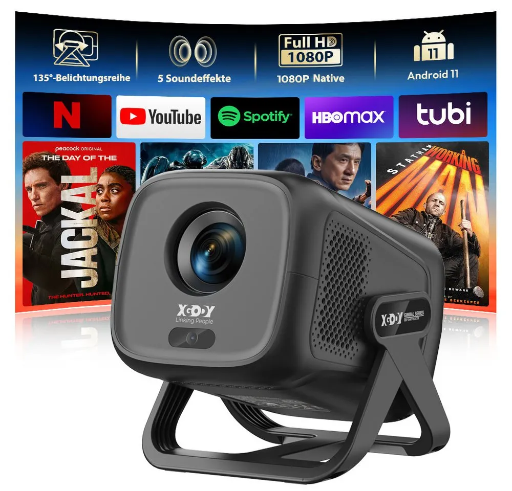 XGODY [1080P Native & Autofokus & 2026 Modell & Integrierte Apps] Mini Portabler Projektor (450 lm, 15000:1, 3840 x2160 px, 150-Zoll-Display, Smart Tragbarer Projektor, Android 14 beamer ständer)