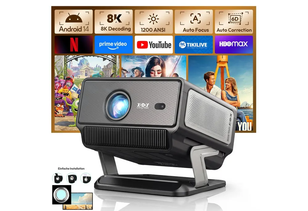 XGODY 2026 Neuer Smart Beamer 4k heimkino mit leinwand, Integrierte APP UHD-Beamer (1200 lm, 2500:1, 3840 x 2160(1200 ANSI) px, Android 14, Full HD 1080P, unterstützt 8K-Decodierung Projektor)
