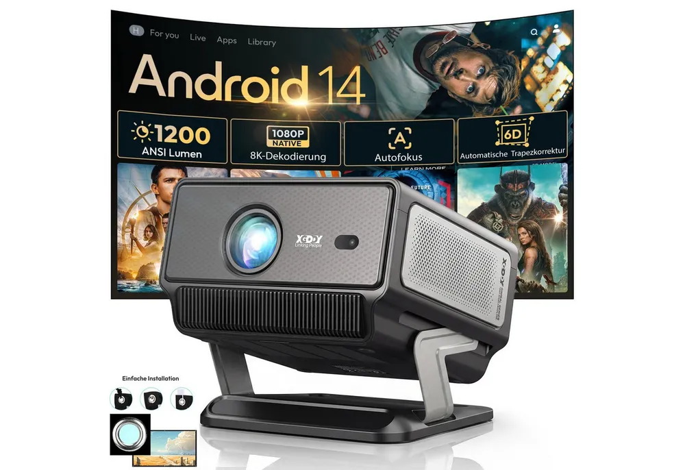 XGODY 2026 Neuer Smart Beamer 4k heimkino mit leinwand, Integrierte APP UHD-Beamer (1200 lm, 2500:1, 3840 x 2160(1200 ANSI) px, Android 14, Full HD 1080P, unterstützt 8K-Decodierung Projektor)
