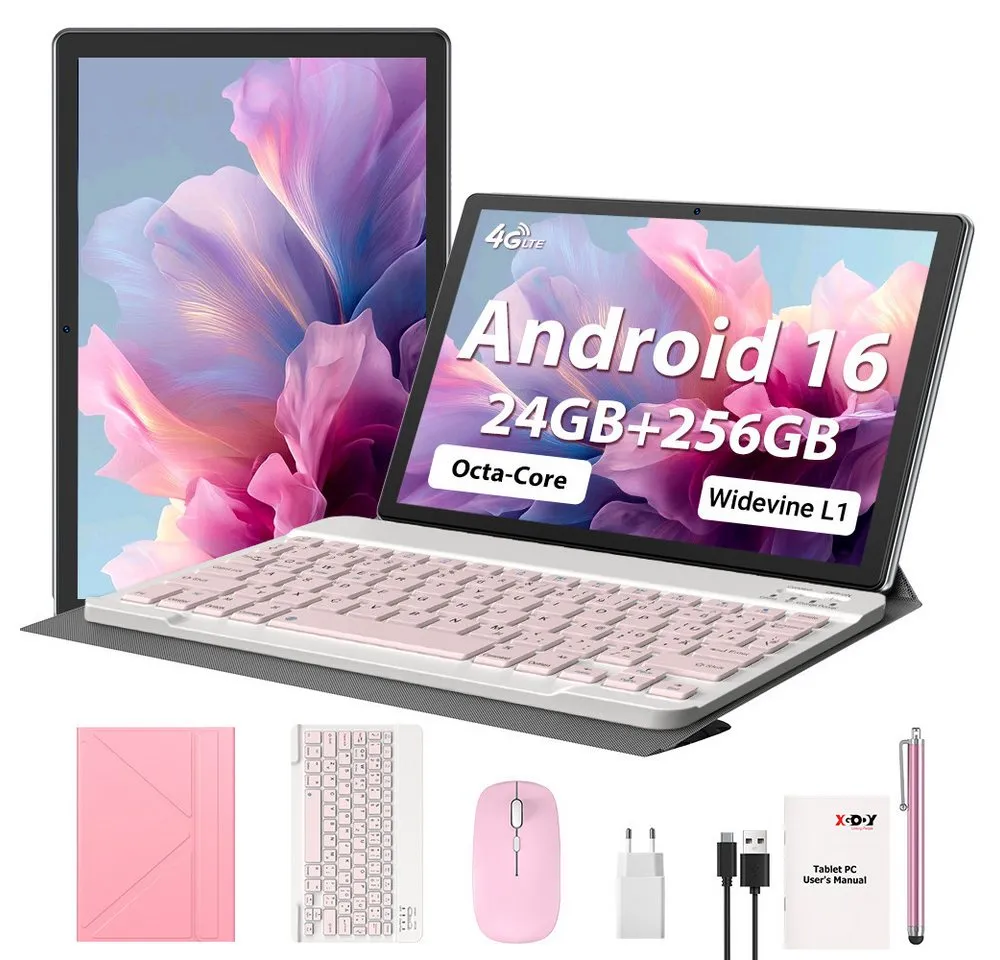 XGODY 4G LTE WLAN 10,1-Zoll-Tablet mit 24GB+256GB Android 16 Tablet (10.1", 256 GB, Android 16, 2G (GSM), 3G (WCDMA), 4G (LTE), 2026 Neu Tablet Android 16 mit Tastatur, Ledertasche und Stift)