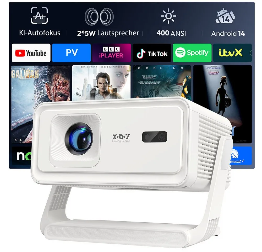 XGODY Gimbal A1 Smart Projektor – Android 14, WLAN 6, BT 5.4, Autofokus LCD-Beamer (400 lm, 10000:1, 3840 x 2160(400 ANSI Lumen) px, Auto-Trapezkorrektur, Tragbarer 8K-Filmprojektor)