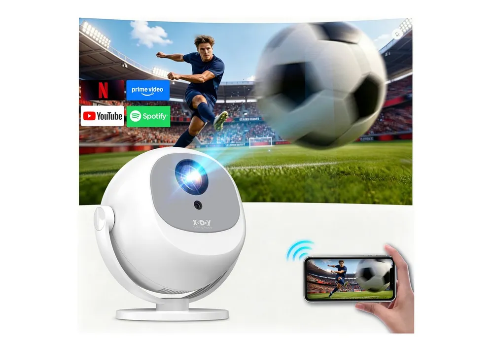 XGODY Gimbal A2 LCD Projektor LED beamer Full HD 1080P Unterstützt 4K Mini-Beamer (300 lm, 10000:1, 3840 x 2160 px, Bluetooth & WiFi 6, elektrischer Fokus, Projektionsgröße 35-130 Zoll)