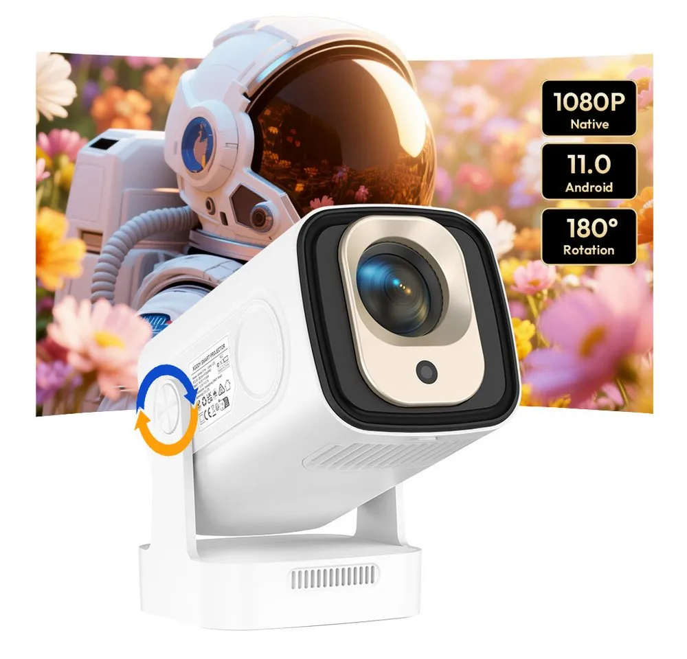 XGODY Mini Beamer 4K Unterstützung 1080P Autofokus Projektor, Heimkino LCD-Beamer (400 lm, 10000:1, 3840 x 2160 px, Auto Trapezkorrektur Smart Projector mit WiFi6 BT5.4, 180°Dreh)