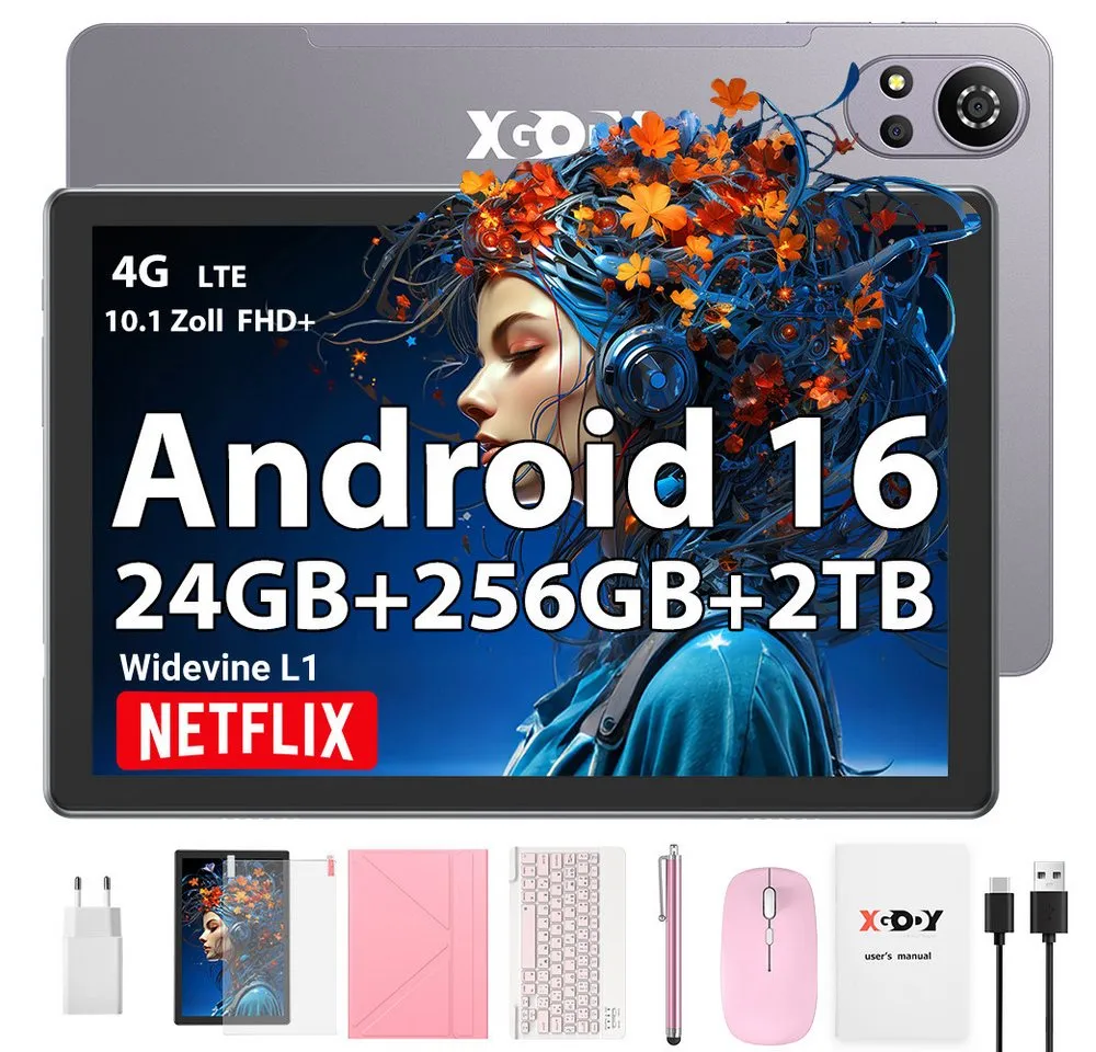 XGODY N05 Pro VIP (2SIM-4GLTE) mit Tastatur, Ledertasche und Ladegerät Tablet (10.1", 256 GB, Android 16, 2G (GSM), 3G (WCDMA), 4G (LTE), WLAN, SIM-Kartenslot, Gesichtserkennung, Ledertasche für Tastatur)