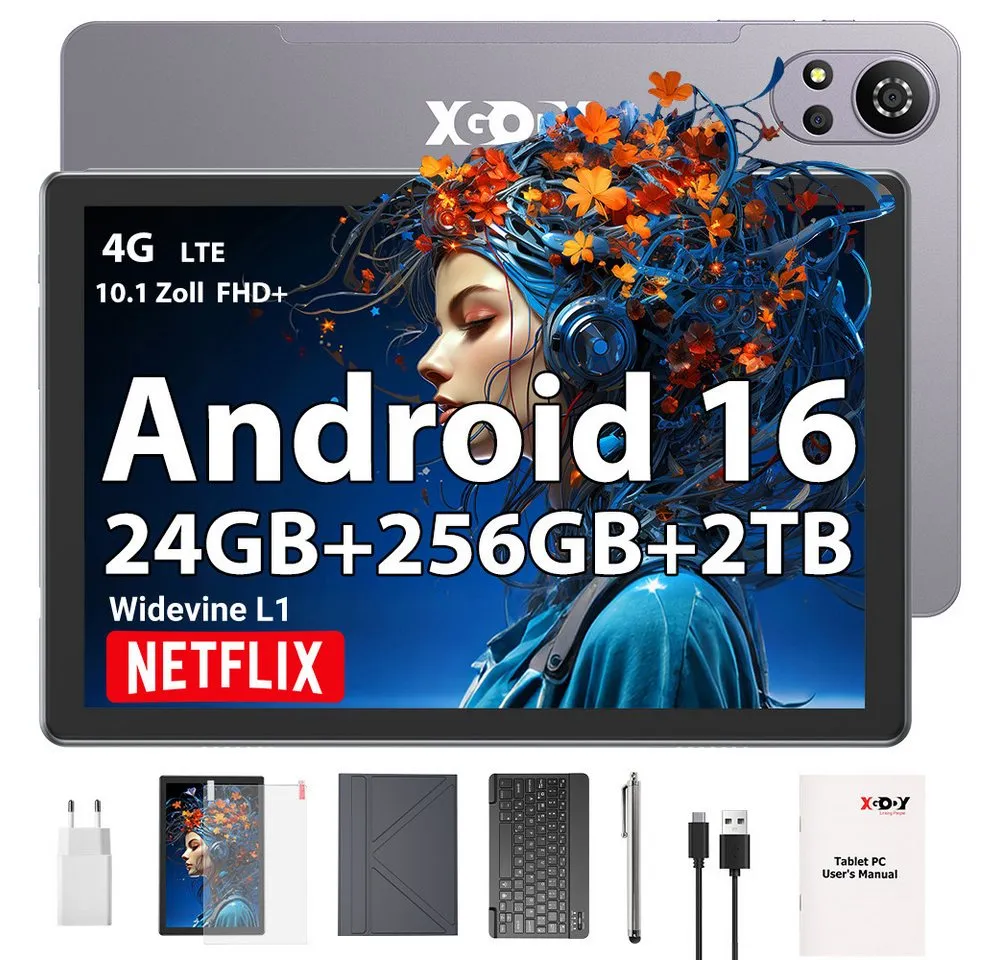 XGODY N05 Pro VIP (2SIM-4GLTE) mit Tastatur, Ledertasche und Ladegerät Tablet (10.1", 256 GB, Android 16, 2G (GSM), 3G (WCDMA), 4G (LTE), WLAN, SIM-Kartenslot, Gesichtserkennung, Ledertasche für Tastatur)