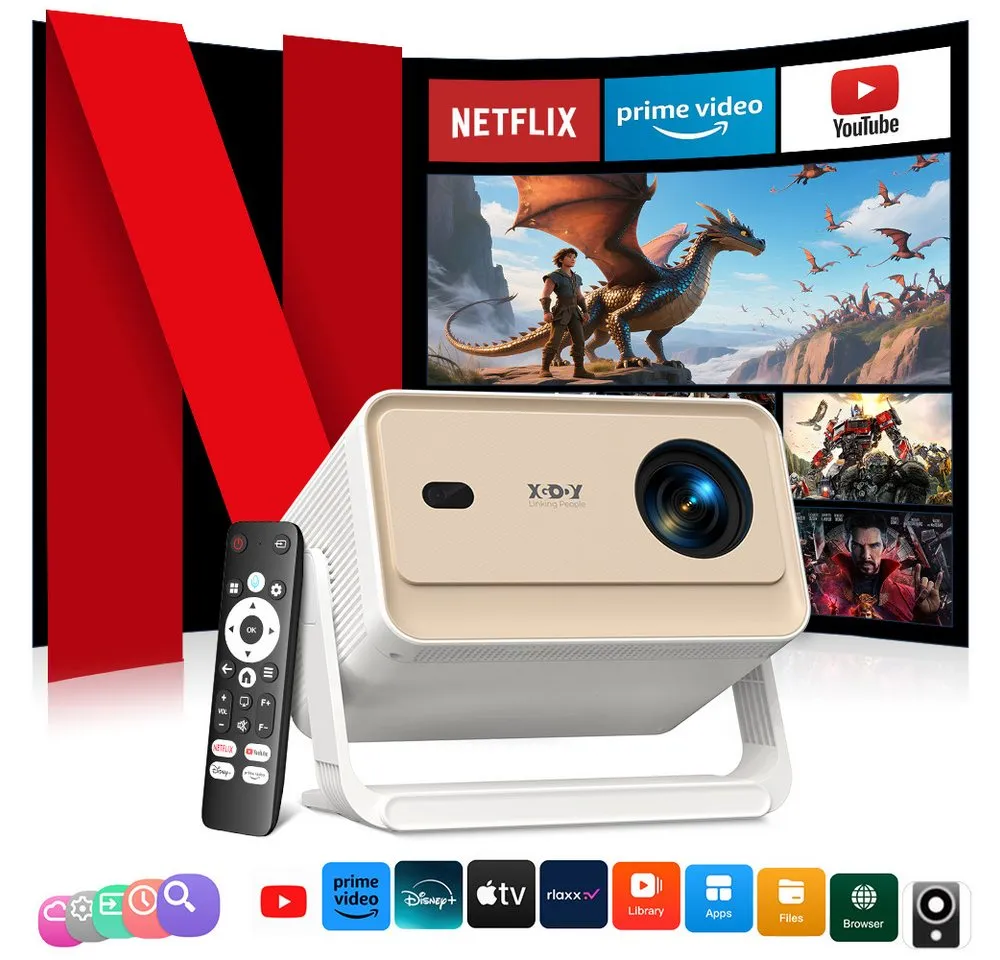 XGODY N6 Pro Beamer 4K Mit Netflix Zertifizierung(Autofokus) UHD-Beamer (700 lm, 3840 x 2160 px (700 ANSI) px, Native 1080P Full HD Beamer mit WiFi 6, automatische Trapezkorrektur)