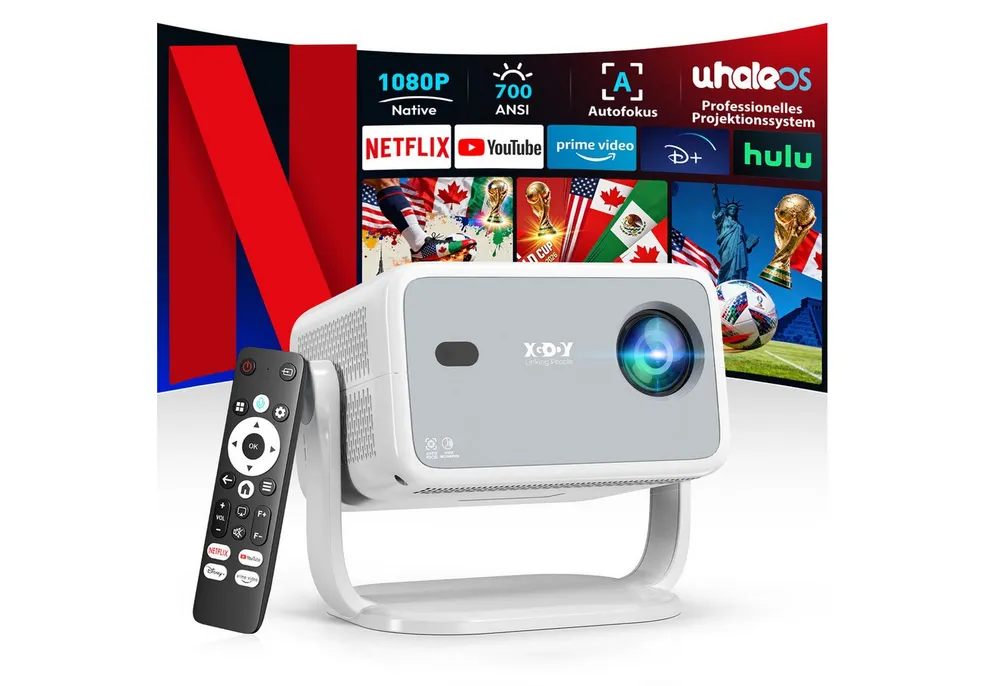 XGODY N6 Projektor, natives 1080P Beamer 4K Mit Netflix Zertifizierung Beamer (3840 x 2160 px (700 ANSI) px, KI-Sprachunterstützung, Autofokus Projektor für Heimkino)