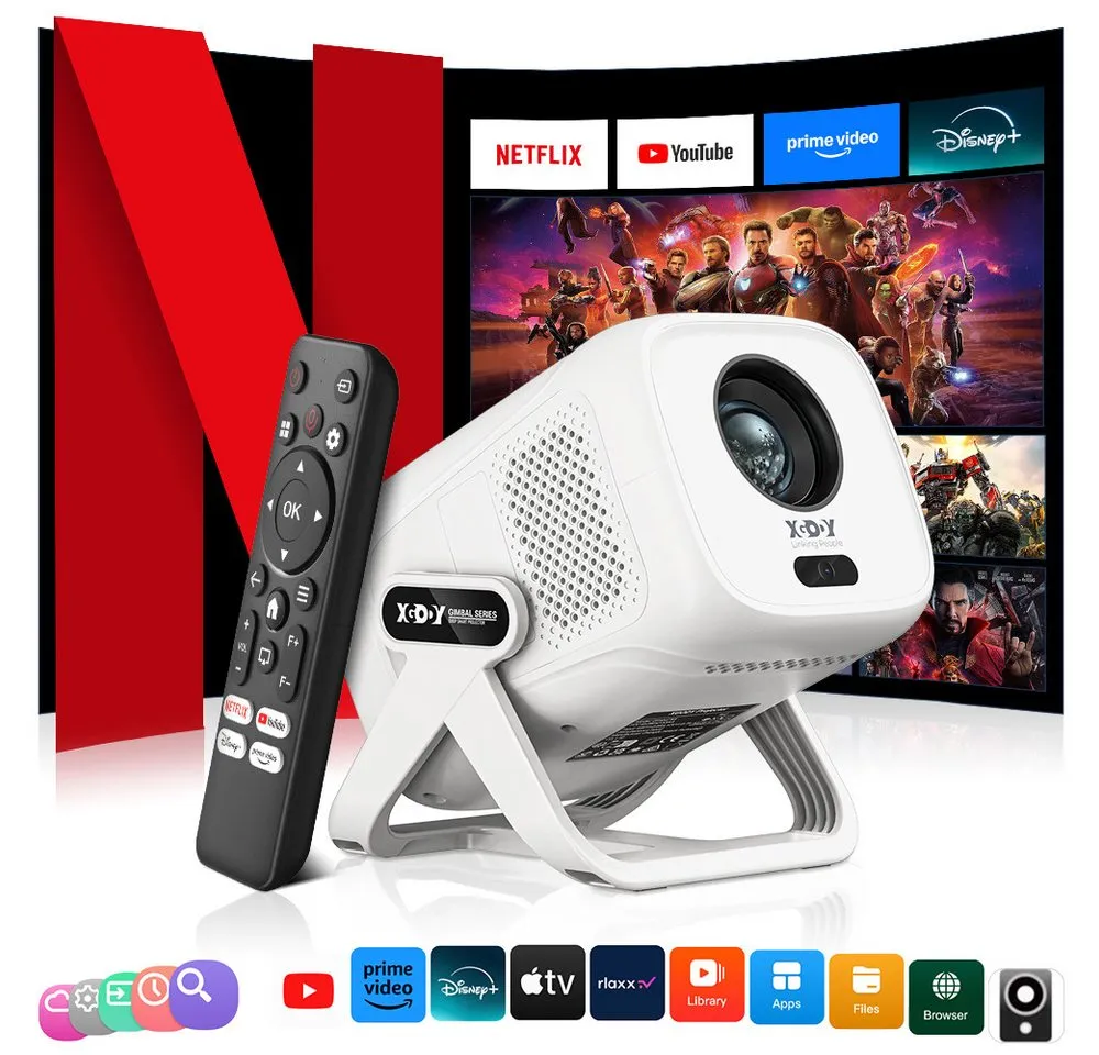 XGODY Native 1080p Projektor 4K Mit Netflix Zertifizierung(AutoFokus) Mini Beamer (450 lm, 1500:1, 3840 x 2160, 1920x1080 px, mit Automatische Trapezkorrektur, WiFi 6+BT 5.4, Sprachsteuerung)