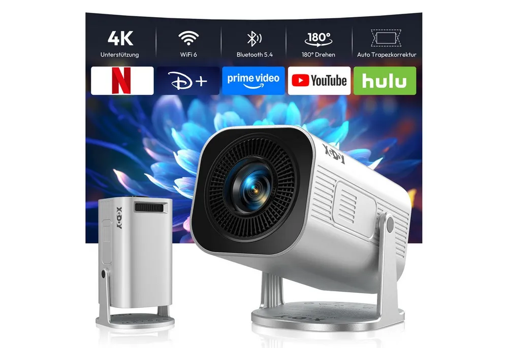 XGODY Smart Projektor 4K/1080P Unterstützt Neueste Apps WiFi 6 BT5.4 LCD-Beamer (260 lm, 3840 x 2160 px, Ultrakurzdistanzbeamer bietet großes Bild im kleinen Raum)