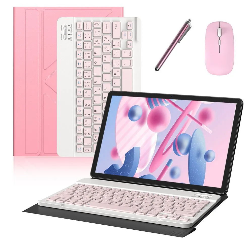 XGODY Tablet-Hülle Rosa Universal 10,1-Zoll mit Rosa Tastatur, Maus, Stift