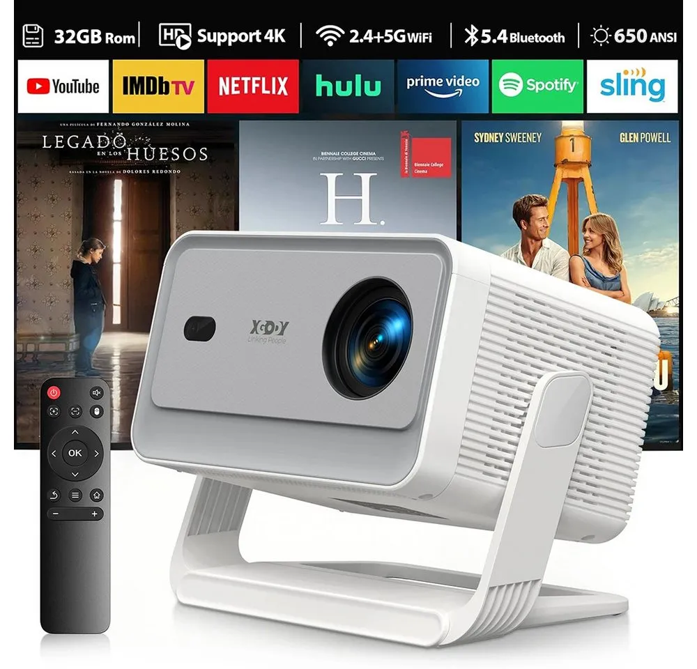 XGODY Tragbarer Smart-Projektor UHD-Beamer (25000 lm, 15000:1, 1920x1080 px, Native 1080p Android 14 unterstützt 200'' 4K-Video-Outdoor-Projektor)