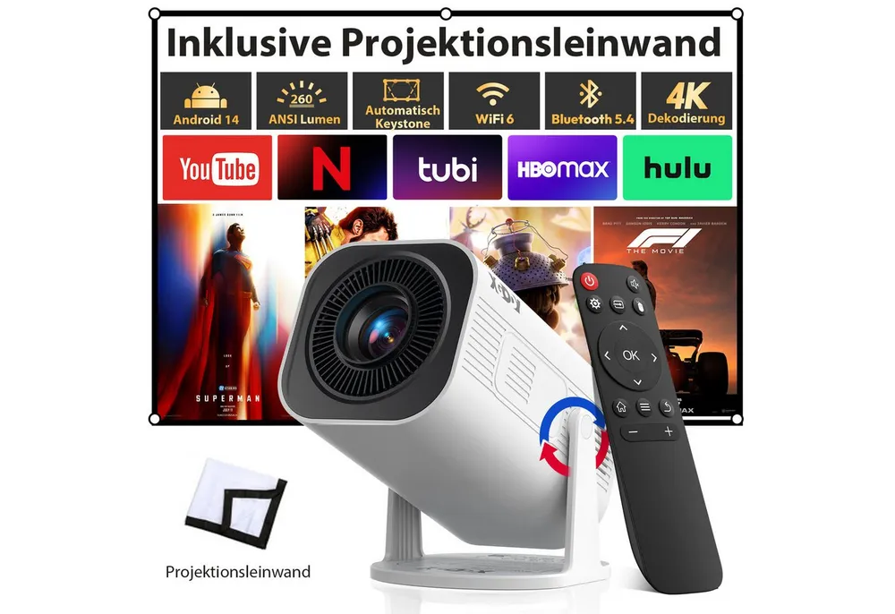 XGODY XGODY Tragbarer Projektor Mini-Beamer (260 lm, 1500:1, 3840 x 2160 px, Mini Projektor mit Android 14/WiFi 6/BT 5.4/ 180-Grad- Winkel)