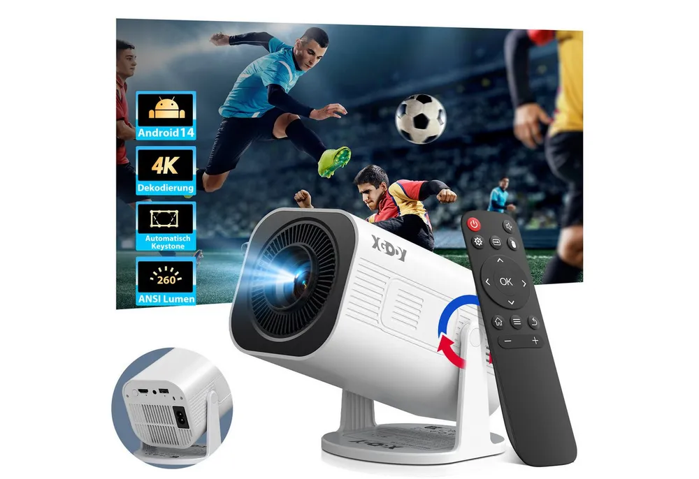 XGODY XGODY Tragbarer Projektor Mini-Beamer (260 lm, 1500:1, 3840 x 2160 px, Mini Projektor mit Android 14/WiFi 6/BT 5.4/ 180-Grad- Winkel)