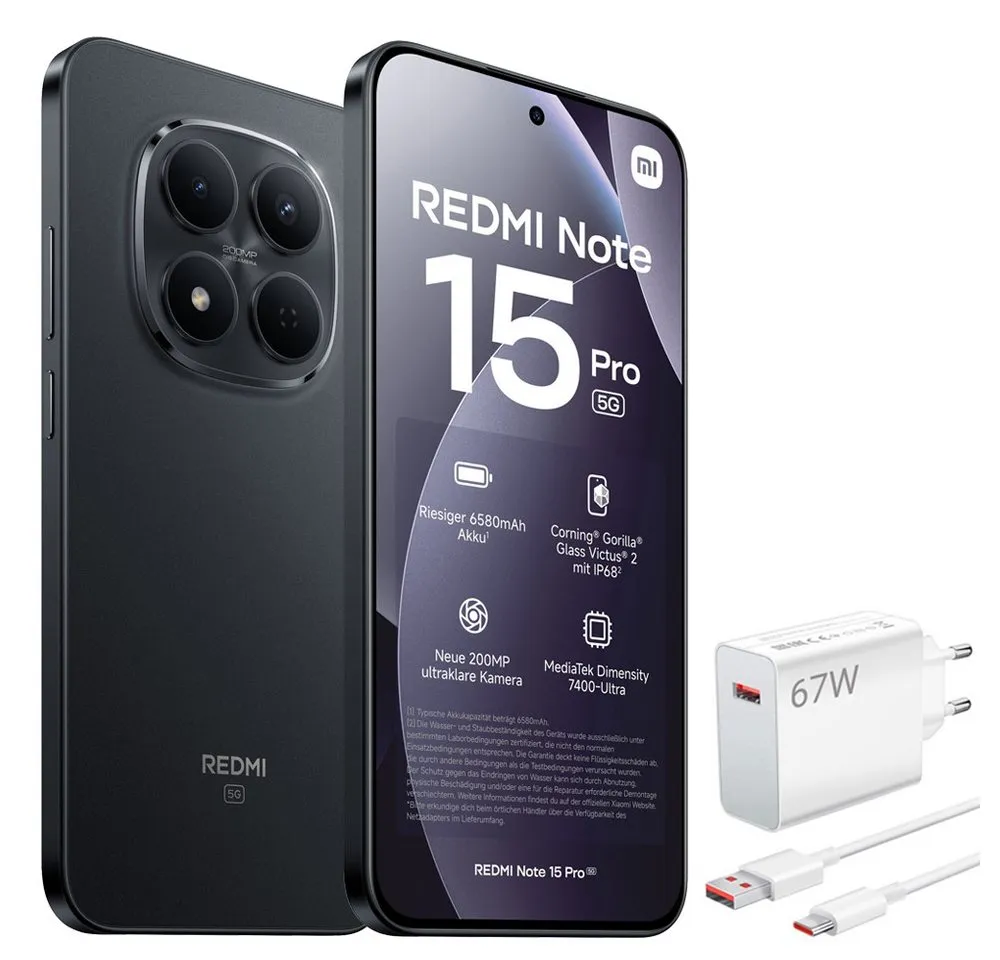 Xiaomi Redmi Note 15 Pro 5G 12+512GB Smartphone & 67W HyperCharge Handy (200 MP Kamera)