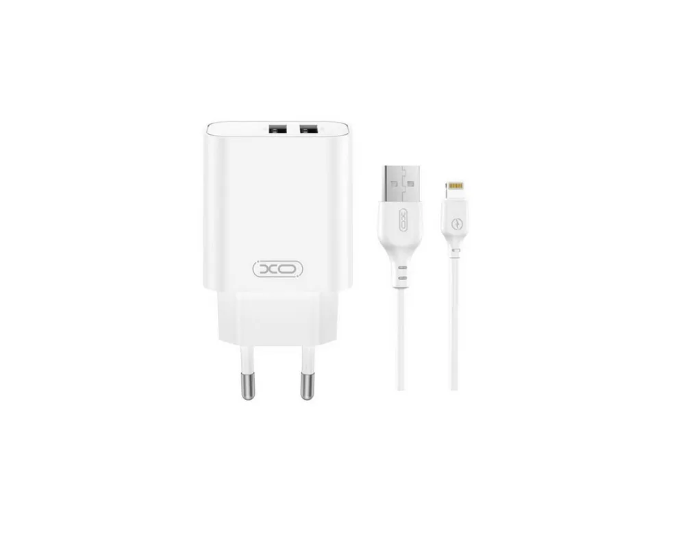 XO CE34 USB-Ladegerät (2400 mA, Einzelladegerät mit Kabel, 2 USB, inkl. IPhone-Kabel, 12W, kompakt, reisetauglich)