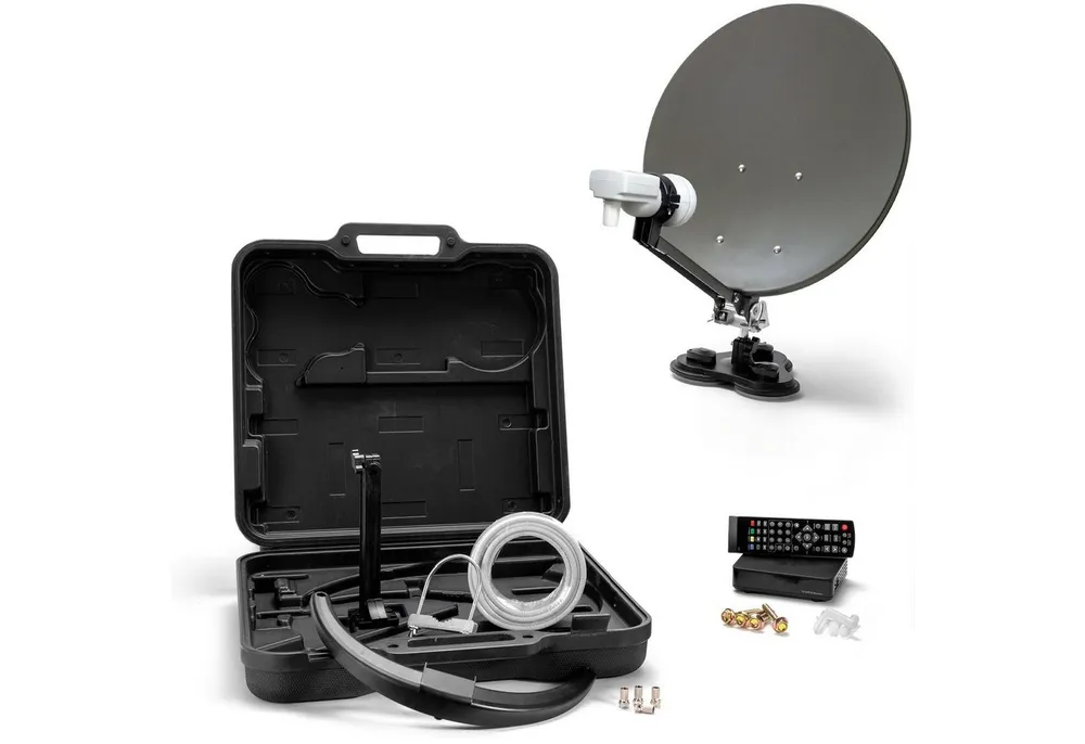 Xoro MCA 38 HD Set 38.5cm Camping SAT Antenne inkl. DVB-S2 Receiver SAT-Antenne (385 cm, Stahl, Camping‑Sat‑Anlage im Koffer mit 38,5‑cm Spiegel und Satfinder)