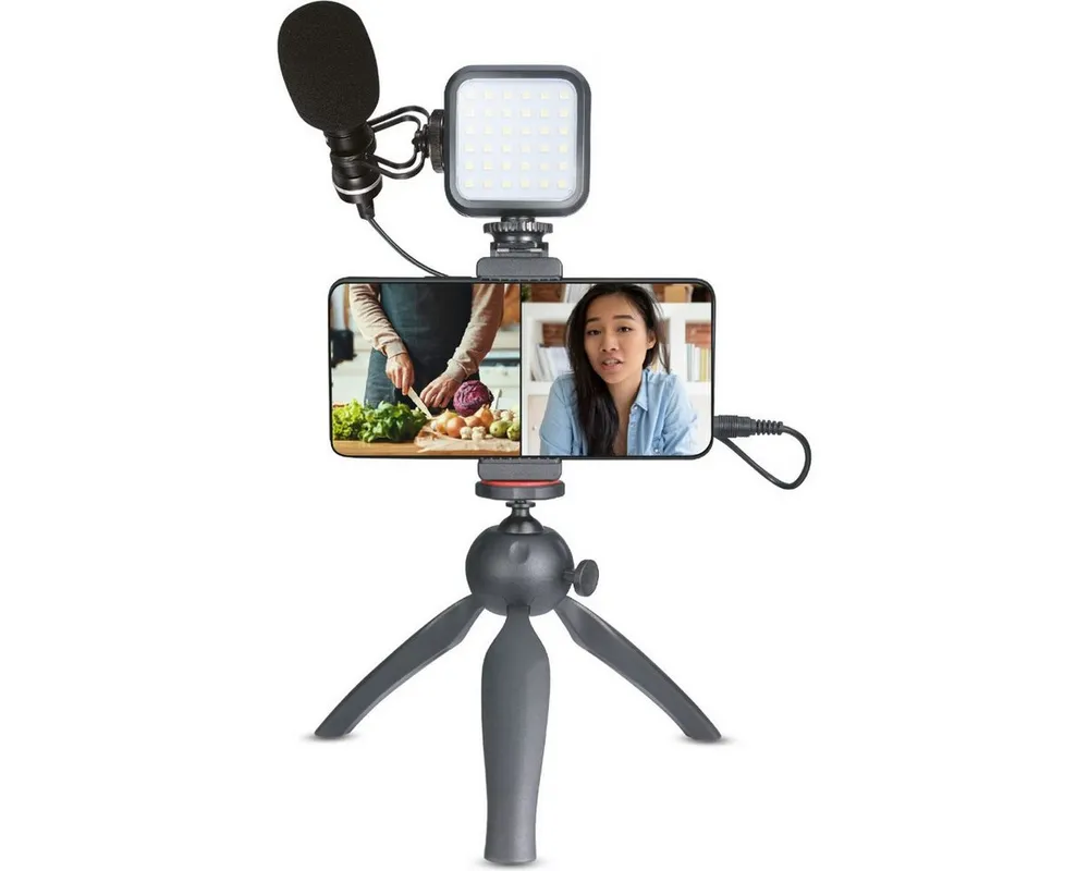 XQISIT Handy-Halterung Vlogging Kit – Smartphone Stativ mit LED-Licht & Mikrofon