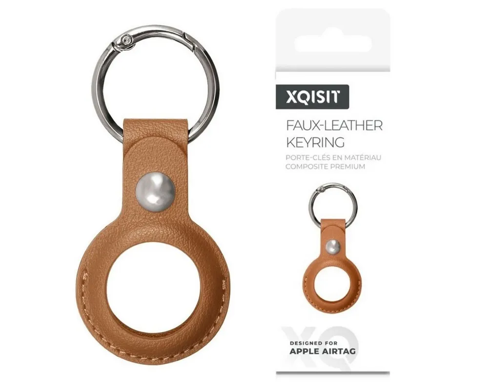 XQISIT Handyhülle Anhänger Case Kunstleder Schlüsselanhänger Braun, Keyring Schutz-Hülle Case für Apple Airtag
