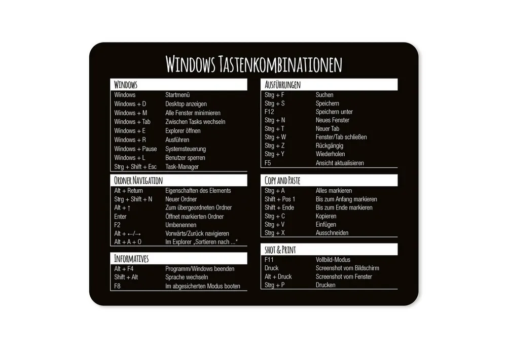 younikat Mauspad Mauspad mit Motiv Windows Tastenkombinationen 24 x 19 cm abwischbar I