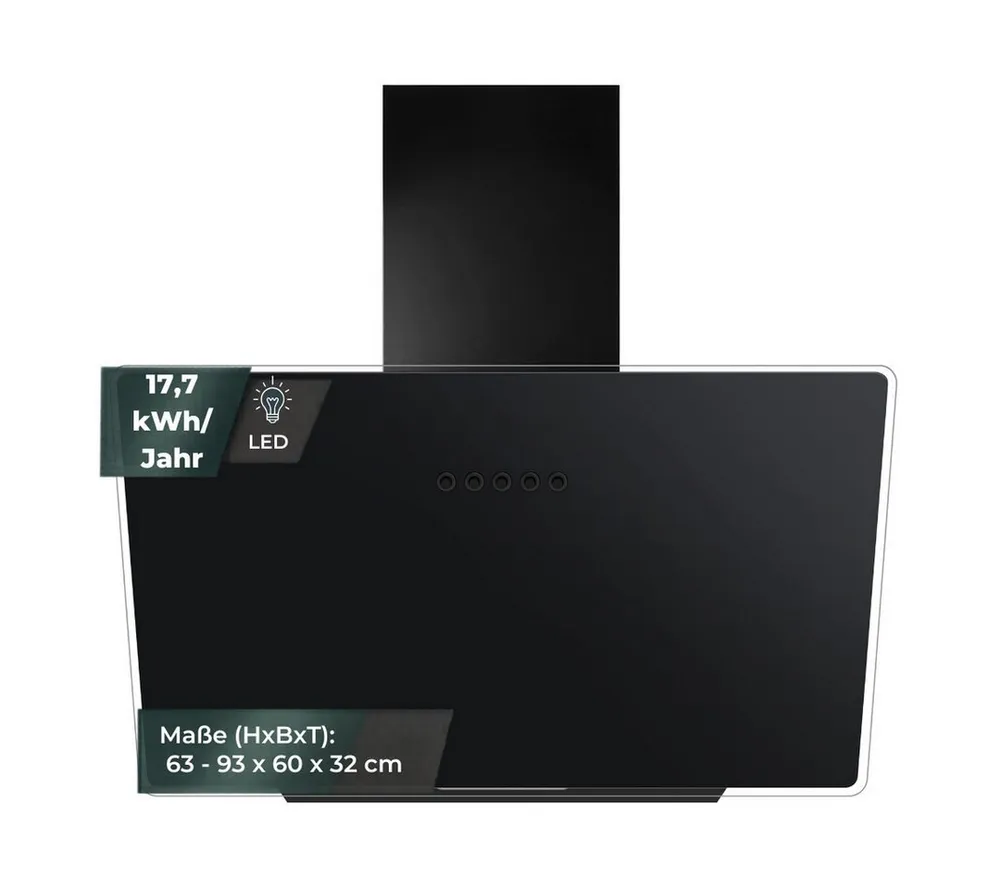 YUNA Kopffreihaube Dunstabzugshaube DUANA Glasfront 3 Leistungsstufen Dunstabzugshaube DUANA Glasfront 3 Leistungsstufen, 60cm, LED Beleuchtung, Abluft & Umluft, schwarz, o. Kohlefilter