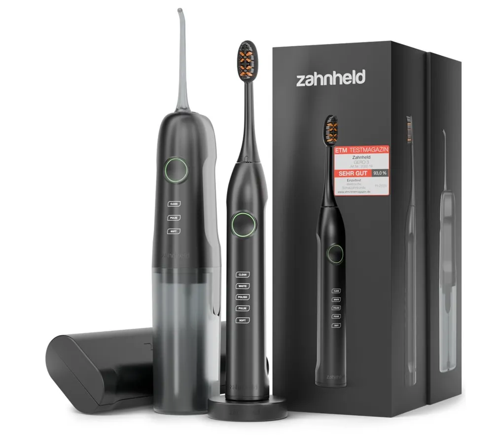 Zahnheld Elektrische Zahnbürste Schallzahnbürste Gero mit Munddusche & Etui schwarz/weiß, 10 Wo Akku, Elektrische Zahnbürste & Zahndusche, Mundpflege, Reisezahnbürste mit Schall, Water Flosser, Wasserstrahl