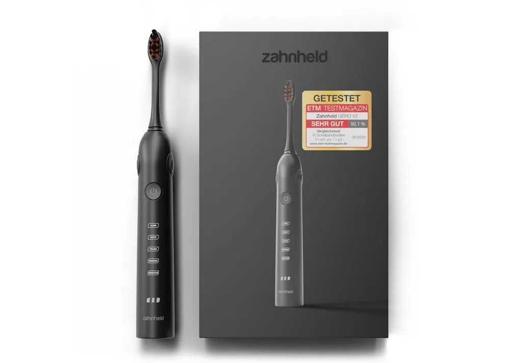 Zahnheld Elektrische Zahnbürste Schallzahnbürste Gero G2 mit Etui schwarz, 5 Putzmodi, Zahnpflege, Mundpflege, Reisezahnbürste, Zahnbürste mit Schall, USB Ladestation