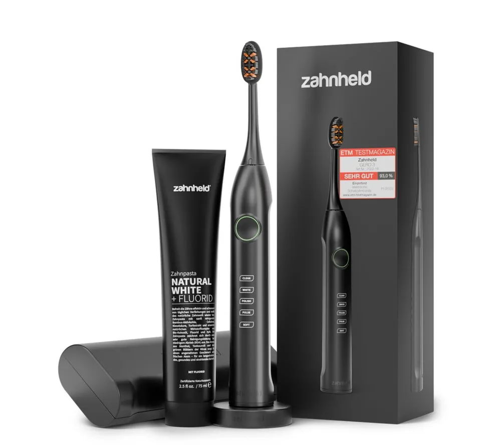 Zahnheld Elektrische Zahnbürste Schallzahnbürste Gero im Set mit Zahnpasta Natural White und Reiseetui, 5 Putzmodi, Zahnpflege Set, schwarz, Mundpflege, Reisezahnbürste, Zahnbürste mit Schall, USB Ladestation