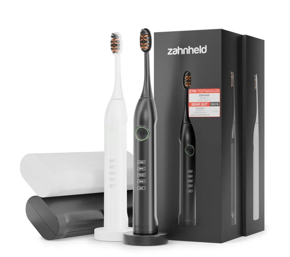 Zahnheld Elektrische Zahnbürste Schallzahnbürste Gero im Doppelpack mit Etui schwarz/weiß, 5 Putzmodi, Zahnpflege Set, Mundpflege, Reisezahnbürste, Zahnbürste mit Schall im Set, Zweierpack