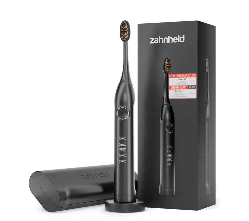 Zahnheld Elektrische Zahnbürste Schallzahnbürste Gero mit Etui schwarz, 5 Putzmodi, Zahnpflege, Mundpflege, Reisezahnbürste, Zahnbürste mit Schall, USB Ladestation