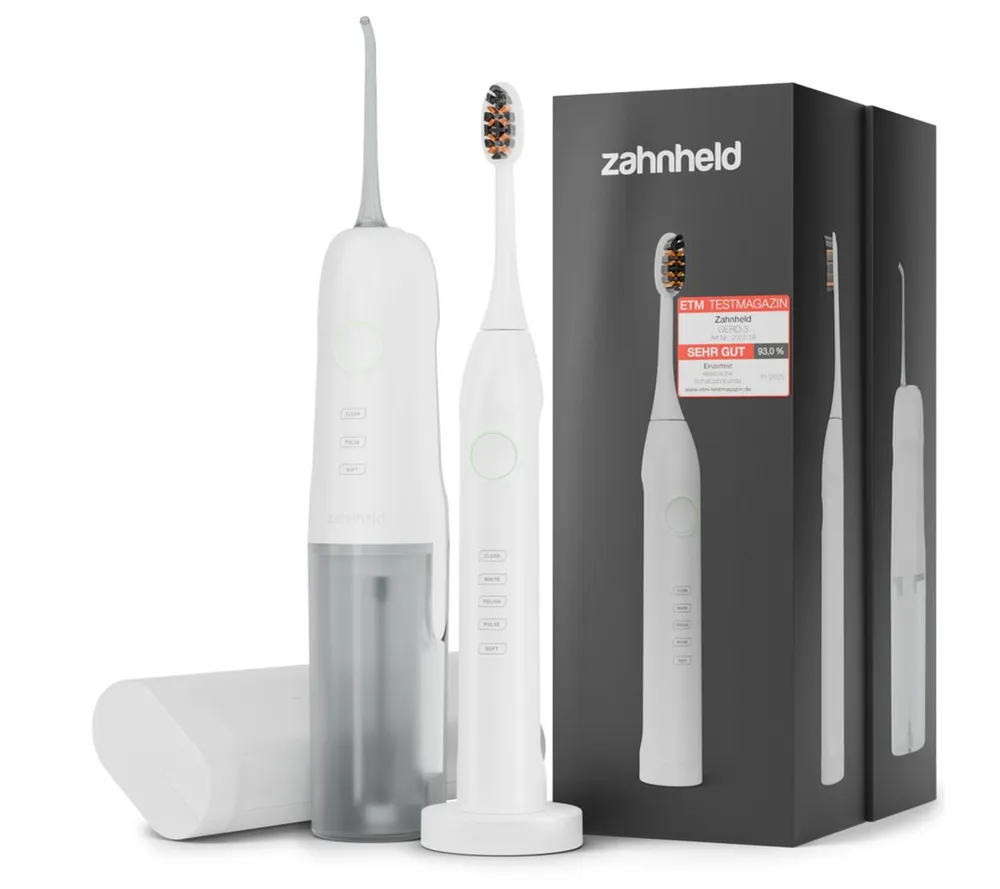 Zahnheld Elektrische Zahnbürste Schallzahnbürste Gero mit Munddusche & Etui weiß, 10 Wochen Akku, Elektrische Zahnbürste & Zahndusche, Mundpflege, Reisezahnbürste mit Schall, Water Flosser, Wasserstrahl