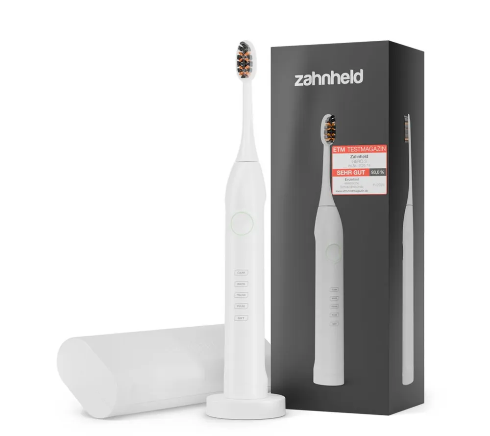 Zahnheld Elektrische Zahnbürste Schallzahnbürste Gero mit Etui weiß, 5 Putzmodi, Zahnpflege, Mundpflege, Reisezahnbürste, Zahnbürste mit Schall, USB Ladestation