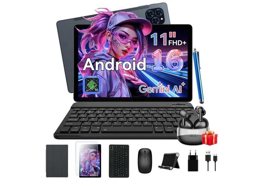 Zenva T90 11 Zoll Android 16 FHD IPS 128GB mit Tastatur Stift Maus Tablet (11", 128 GB, Android16, Android 16, 8000mAh, Gemini AI, mit Tastatur/Hülle/Maus)